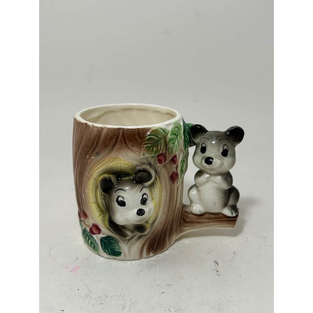 Vintage Japan Ceramic Bear Tree Stump Mug Figural Handle Woodland Cabin Core